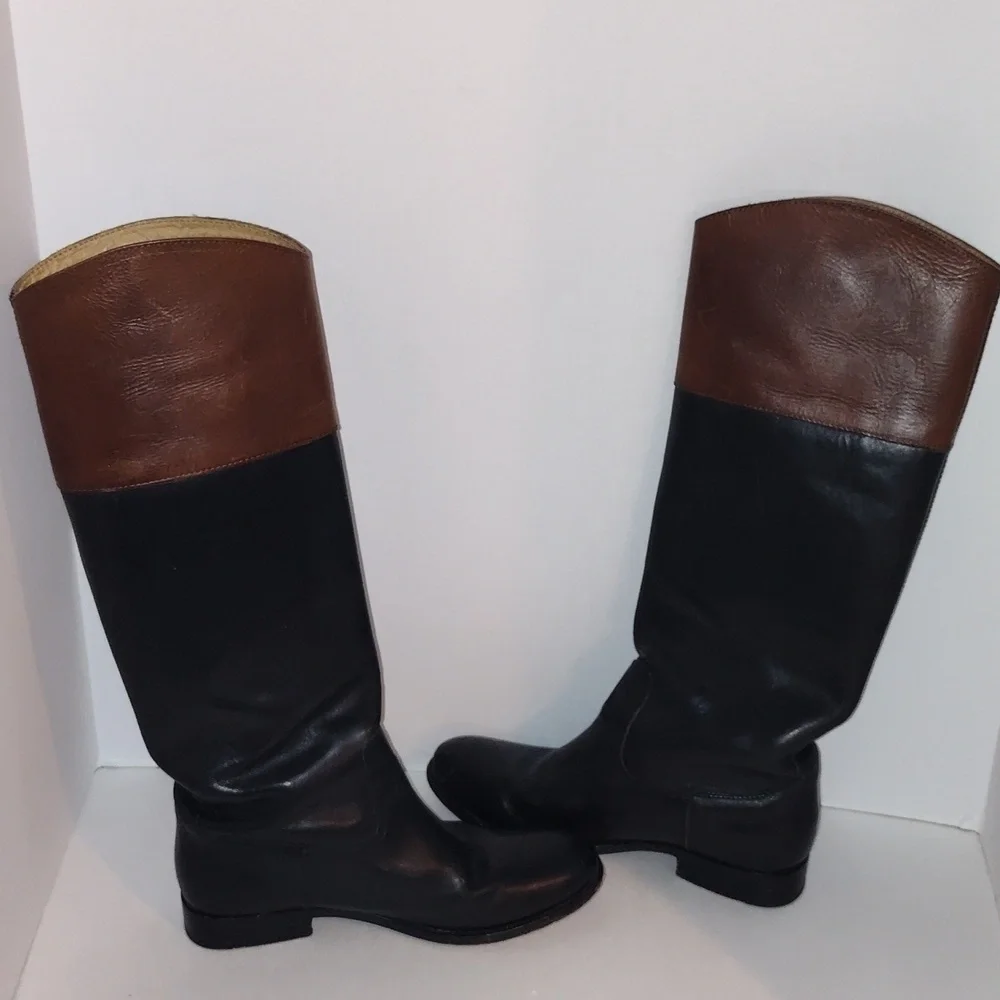 Frye Melissa Logo Monogrammed tall Black Brown Leather Knee High Boots size 7 B